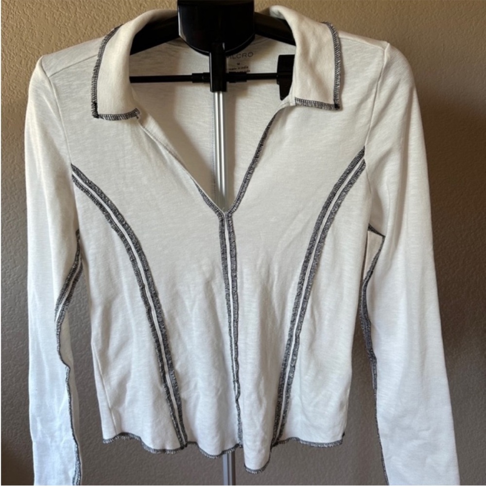 White Long-Sleeve Contrast Stitch Pilcro Top